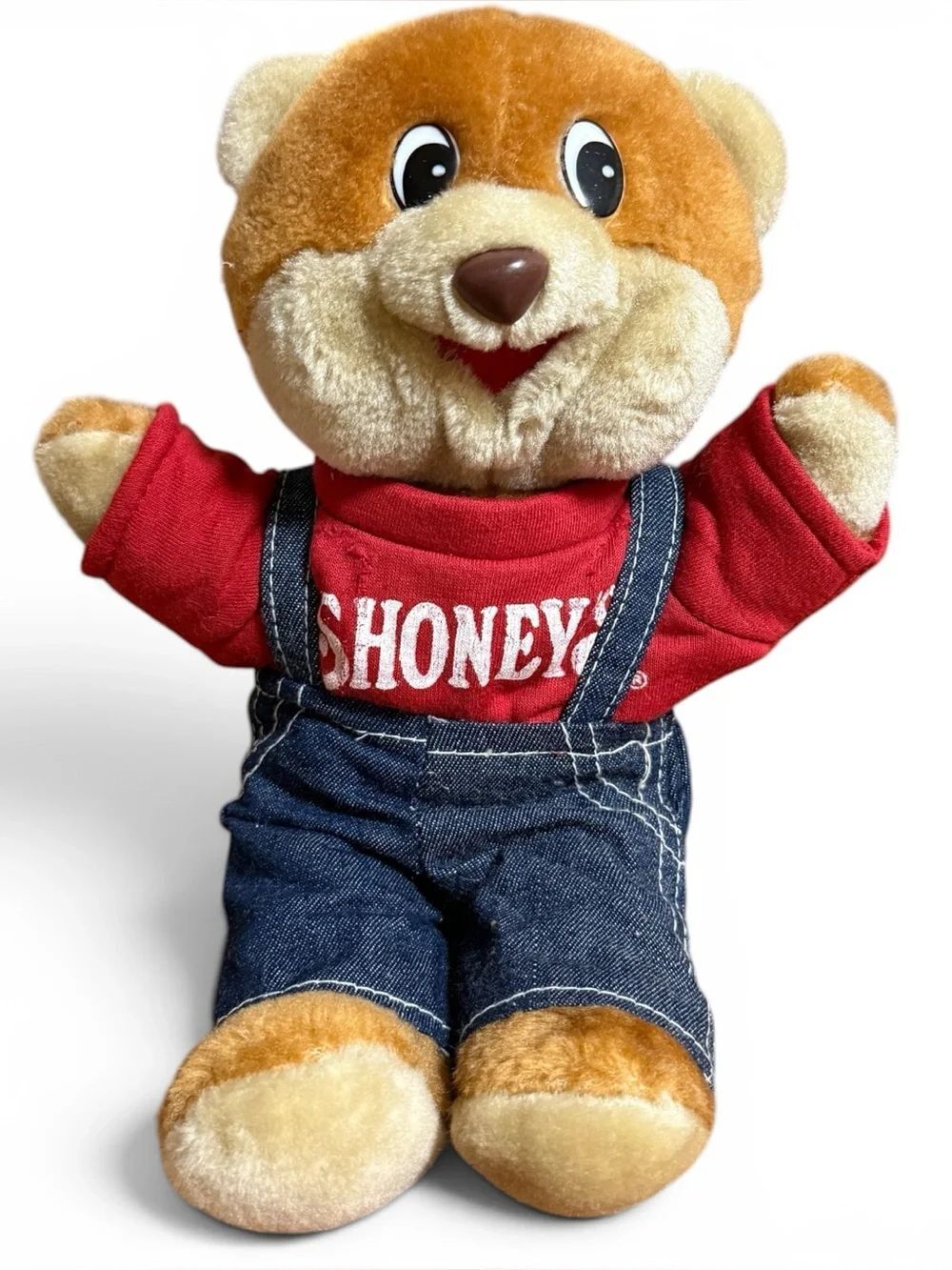Vintage 1986 Shoney's Mascot Plush Bear Classic Red Shirt and Blue Overalls